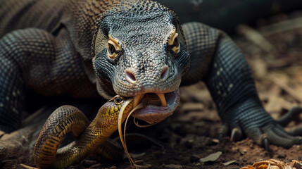 The Komodo dragon attacks its prey, a rare and dangerous animal, with an unusual background. Rare animals.