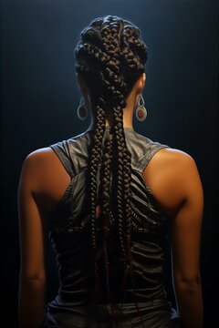 woman cornrows hair style, woman back, photo realism