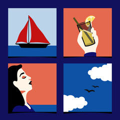 Set of summer square posters in minimalistic blue peach style with sailboat cocktails sea young woman vector