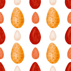 Watercolor seamless pattern for Easter, bright eggs on white background. For various products, Easter, wrapping etc.