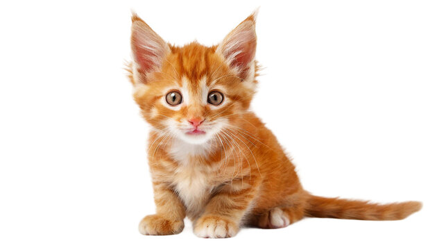 Cute ginger kitten sitting and looking at camera, isolated on transparent background