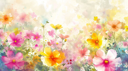 Obraz na płótnie Canvas Sunny watercolour background with flowers of the European summer. AI generative.