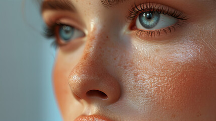 Intimate Gaze, close-up portrait captures the intense gaze and natural beauty of a young woman with sun-kissed freckles - obrazy, fototapety, plakaty