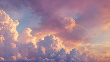 A matte, abstract portrayal of a spring sky with soft, rainbow-colored clouds, juxtaposed against a watercolor sunset in orange and purple hues