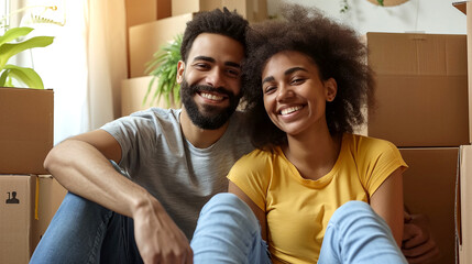 Obraz premium Young Couple Moving New Home Smiling Boxes