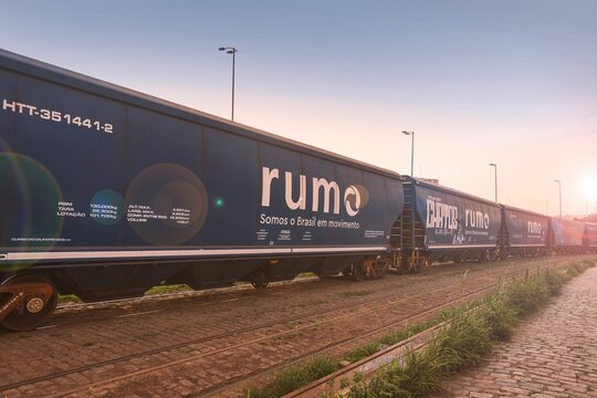Santos city, Brazil. Cargo train of  Rumo Company passing through the railroad. Port of Santos, Brazil.