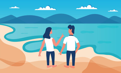 Young couple man and woman walking on the beach.  Beach scene on sea vacation resort summer holidays.