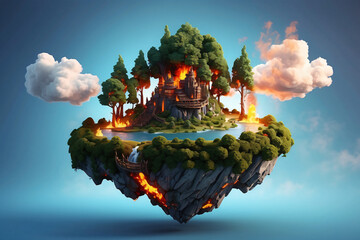 3d floating island on fire and trees - obrazy, fototapety, plakaty