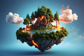 Fotobehang 3d floating island on fire and trees © Misno
