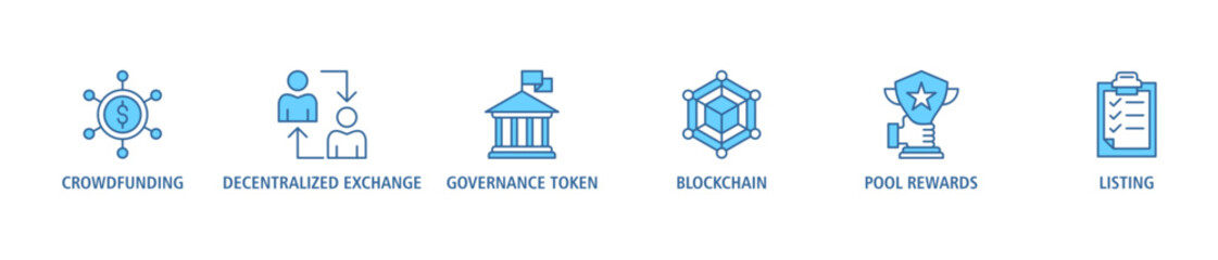 Ido banner web icon set vector illustration concept of initial dex offering with icon of crowdfunding, decentralized exchange, governance token, blockchain, smart contract and listing