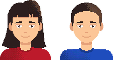 Woman and man pixel art characters. Young boy and girl avatar set, portrait and profile picture. Retro 8-bit style design game asset. Isolated vector illustration.