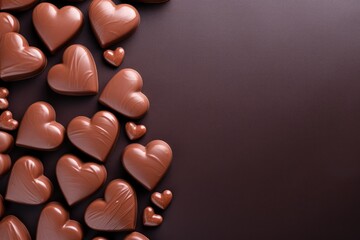 Fototapeta premium Chocolate candies in the shape of hearts with copy space