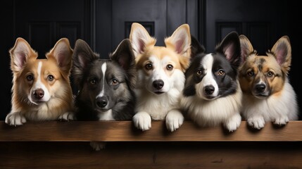 Welsh Corgis are sitting in a row, leaning their paws on the table, against the backdrop of a dark wall concept: pets, dog sales