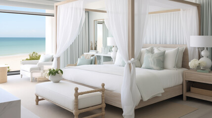 Serene coastal-inspired bedroom with a white canopy bed, seafoam green accents, and driftwood decor. Coastal home interior design of modern bedroom