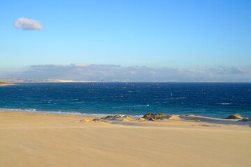 high sandy dune landscape near Valdevaqueros with a view towards the Atlantic Ocean, Tarifa, Cadiz, Andalusia, Spain, fantastic landscape, tourism, travel