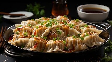 round dish with Asian dumplings, decorated with green onions and red peppers, on a dark background with sauce on the sides concept: oriental cuisine and gastronomic experiences