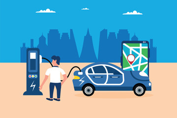 Vector of an owner of the electric car using smart phone to locate charging station in the city
