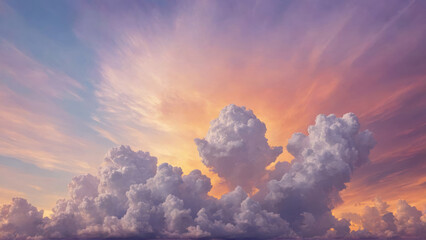 Abstract matte painting of a cloudy sky with rainbow colors, set against a soft watercolor sunset...