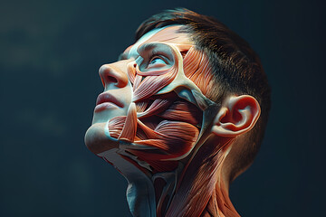 SIde view man face human anatomy, skin and muscles