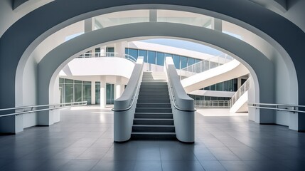 Obraz premium A modern architectural interior with a graceful staircase, arched openings and panoramic windows that fill the space with light. concept: buildings architecture and design