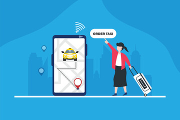 Taxi service app woman using smartphone to order taxi cab © jadamprostore