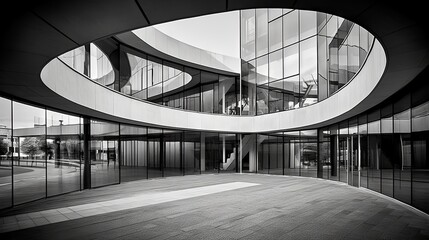 Obraz premium Modern black and white architecture inside the building with symmetrical rows of windows and a central light well. concept: architecture, structure, industry of the metropolis