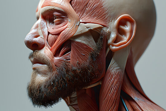 SIde view man face human anatomy, skin and muscles
