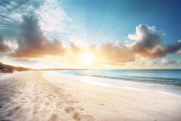 Tropical beach with sunset sky and clouds background. Summer vacation and travel concept. Generative ai.