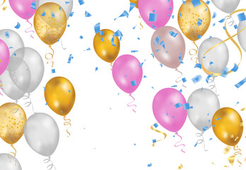 Balloons with confetti and ribbons on transparent background. Vector illustration.