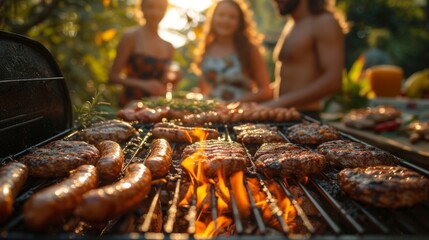 Barbecue with sausages and family in the garden