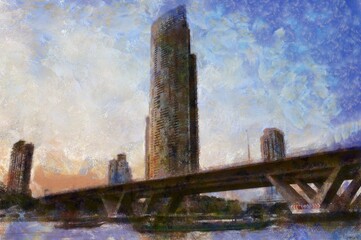 Landscape of the city along the big river Illustrations in chalk crayon colored pencils impressionist style paintings.