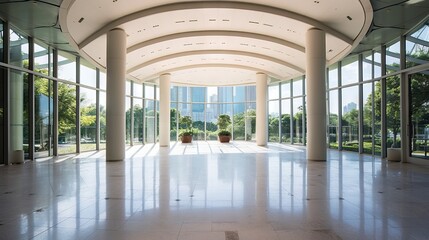 Spacious spacious bright hall with large glass windows, columns and reflection on the polished floor concept: business office, architecture design