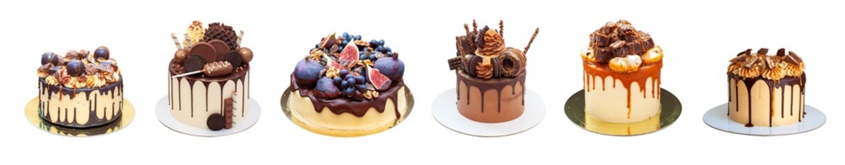 Chocolate birthday cake with chocolate ganache drip icing, popsicles, sweets, chocolate bars,...
