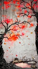 Creative illustration of autumn landscape and birds in Chinese art style.