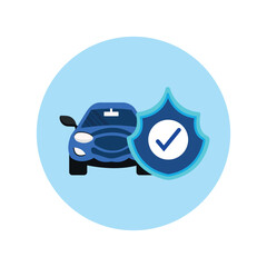 Car with shield. Car insurance. Insurance policy. Auto safety concept. Car insurance service, protection property. Shield with check mark