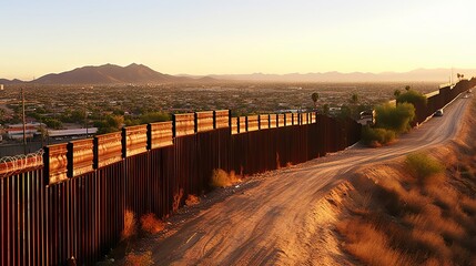 A border with a metal fence stretching across a desert landscape separates two hills with settlements at sunset concept: border between two countries, migrants refugees - obrazy, fototapety, plakaty