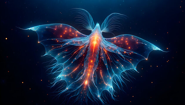 bioluminescent sea creature with a translucent body called a Sea Angel, set against the dark