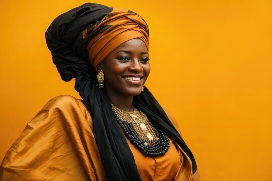 black Woman wearing turban standing on yellow empty background. Sequins African Turban Black Pre-Tied Headwrap
