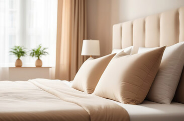 Clean bed. Light bedroom. Modern apartment interior. White sheet, soft pillow, blanket and bedside table. Home, hotel stylish design. Comfortable grey bedding set closeup. Spa resort ad. Rent business