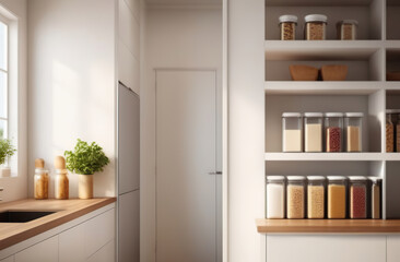 Fototapeta premium Storage organization at cupboard. Groceries in glass jars arranged on wall shelves. Organizing the kitchen pantry for foodstuff. Home design. Preserved foods, healthy eating, legumes, bulk items.