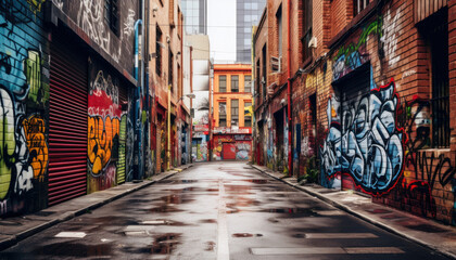 Fototapeta premium Narrow street in the city, full of colorful painted murals and graffiti