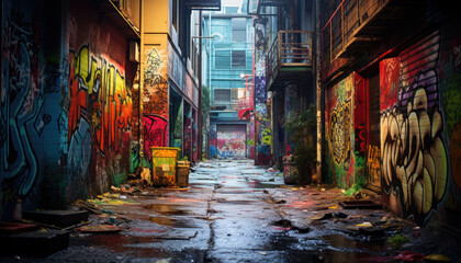 Fototapeta premium Narrow street in the city, full of colorful painted murals and graffiti