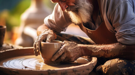 Potter at work: throwing the potter's wheel and shaping ceramic vessel and clay ware: pot, jar in pottery workshop. Experienced master