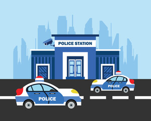 Police station department building in city landscape with police car in flat design concept