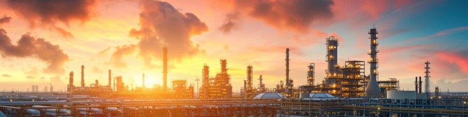 Fototapeta premium Oil and natural gas refinery with storage tanks, oil production facilities or petrochemical plant infrastructure and oil demand price graph is a wide sign.