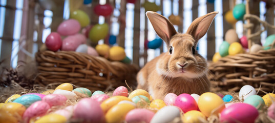 An adventurous bunny explores an Easter wonderland, framed by baskets brimming with colorful eggs...