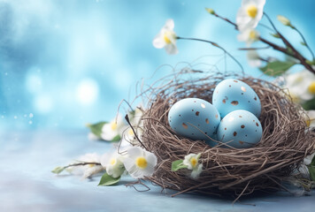 Image of a basket with easter eggs blue and golden and daffodil flowers