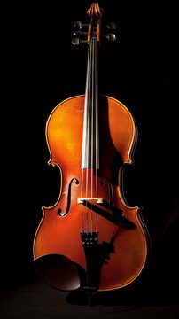 photo of a classical double bass standing in a room against a dark background illuminated by soft light concept: musical instrument, classical music
