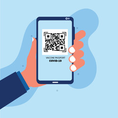 Hand holding smartphone with valid covid passport qr code isolated on white background 