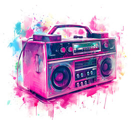 Watercolor Pink boom box on white background 
